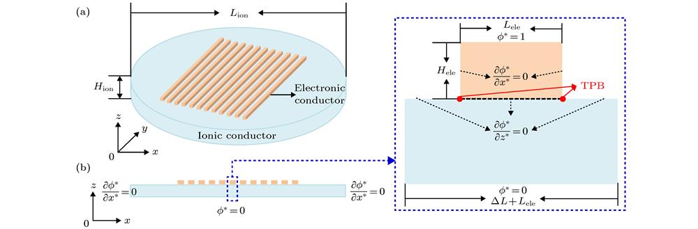(a) Schematic of a patterned anode; (b) computational domain and boundary conditions of the model in the present study.