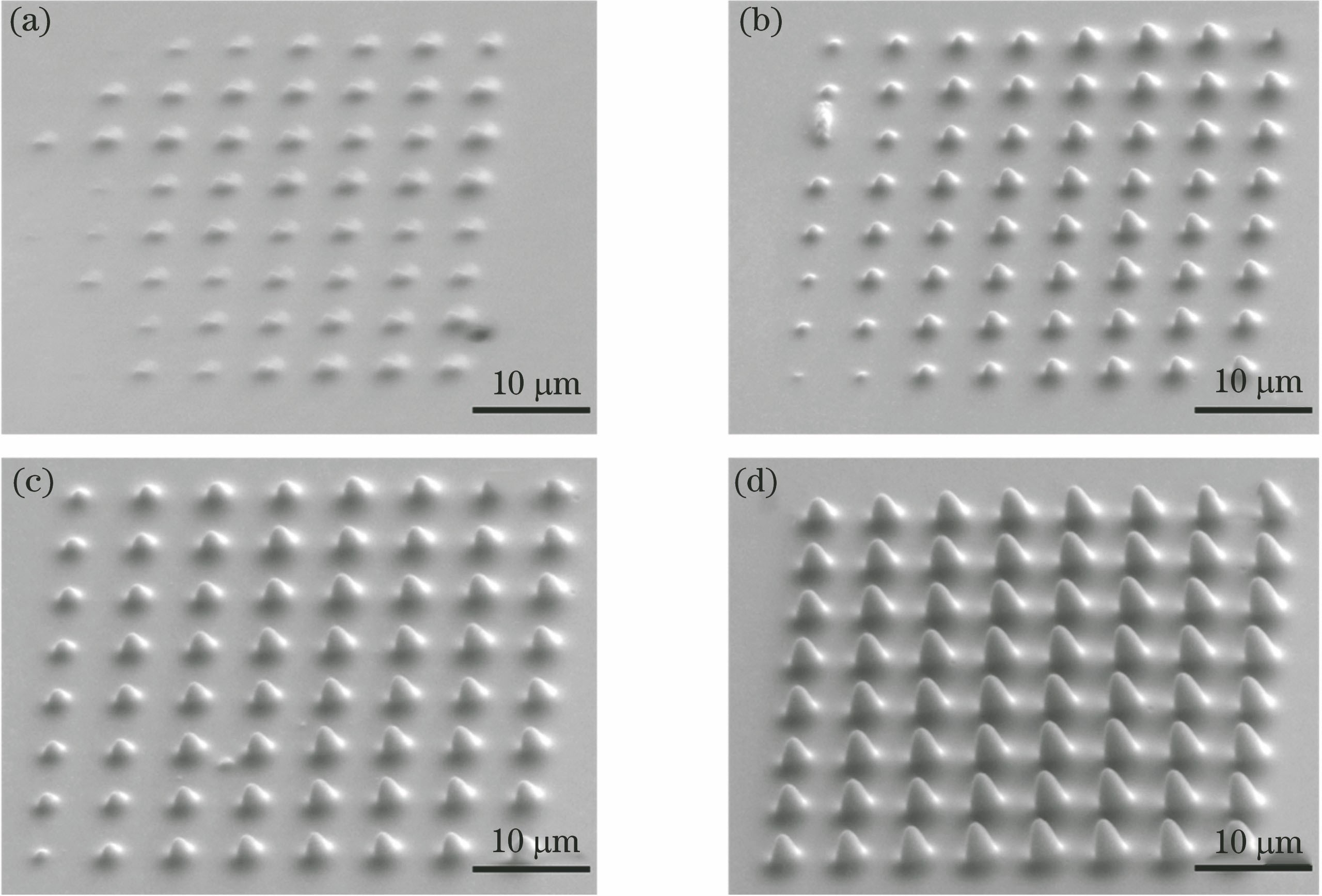 SEM images of lattice microstructures obtained by superimposing blazed grating under focus control mode for different output powers. (a) 5 mW; (b) 10 mW; (c) 15 mW; (d) 20 mW