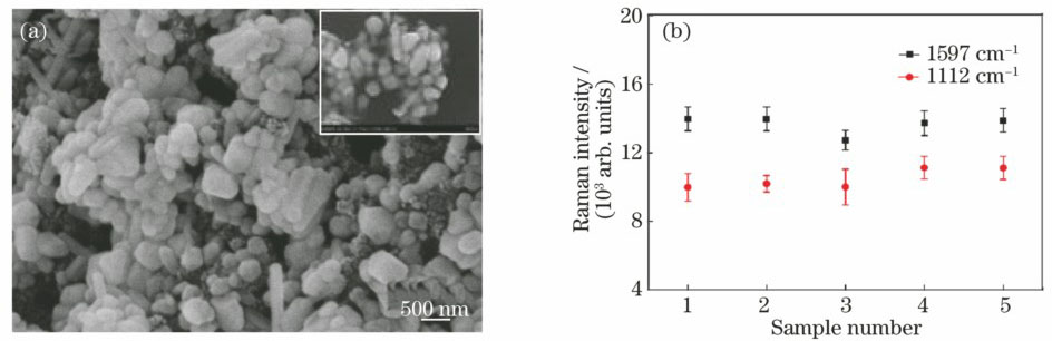 (a) Morphology of Ag nano-film on carbon electrode; (b) test results of repeatability and stability of SERS electrode