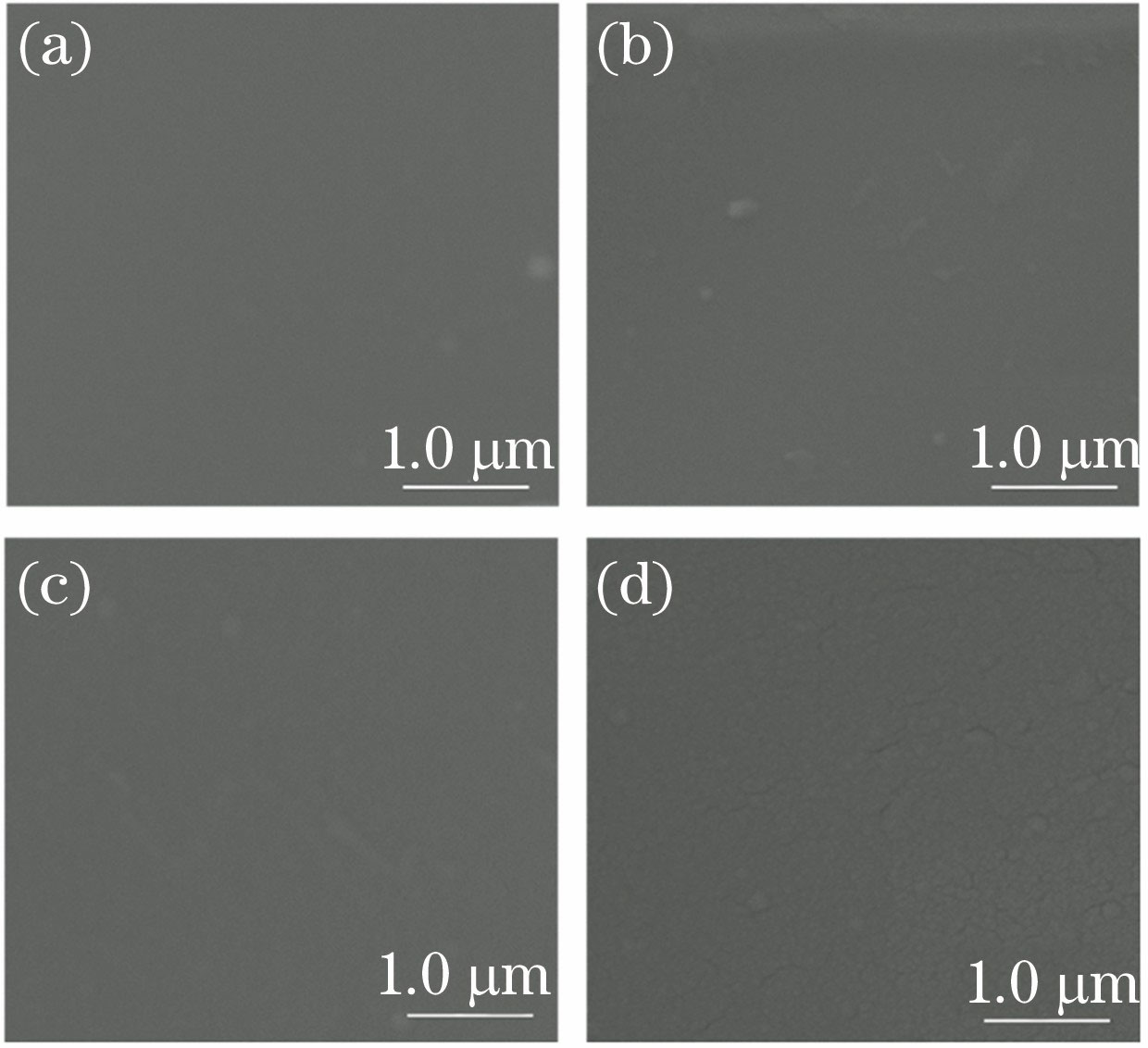 SEM images of BErT thin films prepared under different deposition oxygen pressures. (a) 1 Pa; (b) 3 Pa; (c) 5 Pa; (d) 7 Pa