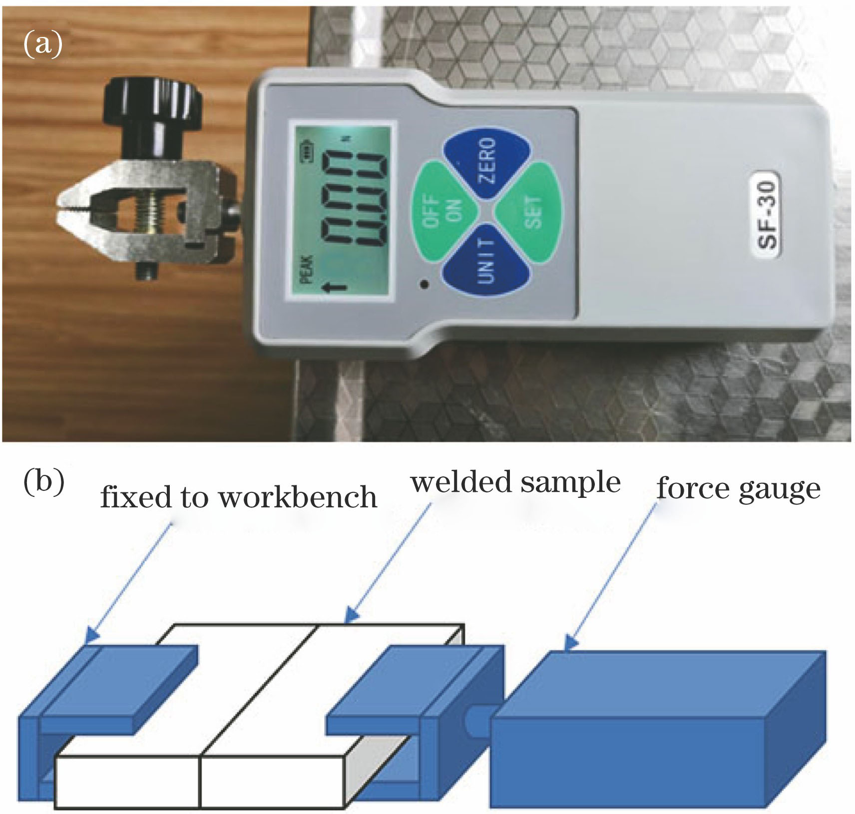 Test instrument and test processing. (a) Digital explicit push-pull force meter for measuring tensile strength; (b) diagram of process for measuring tensile strength