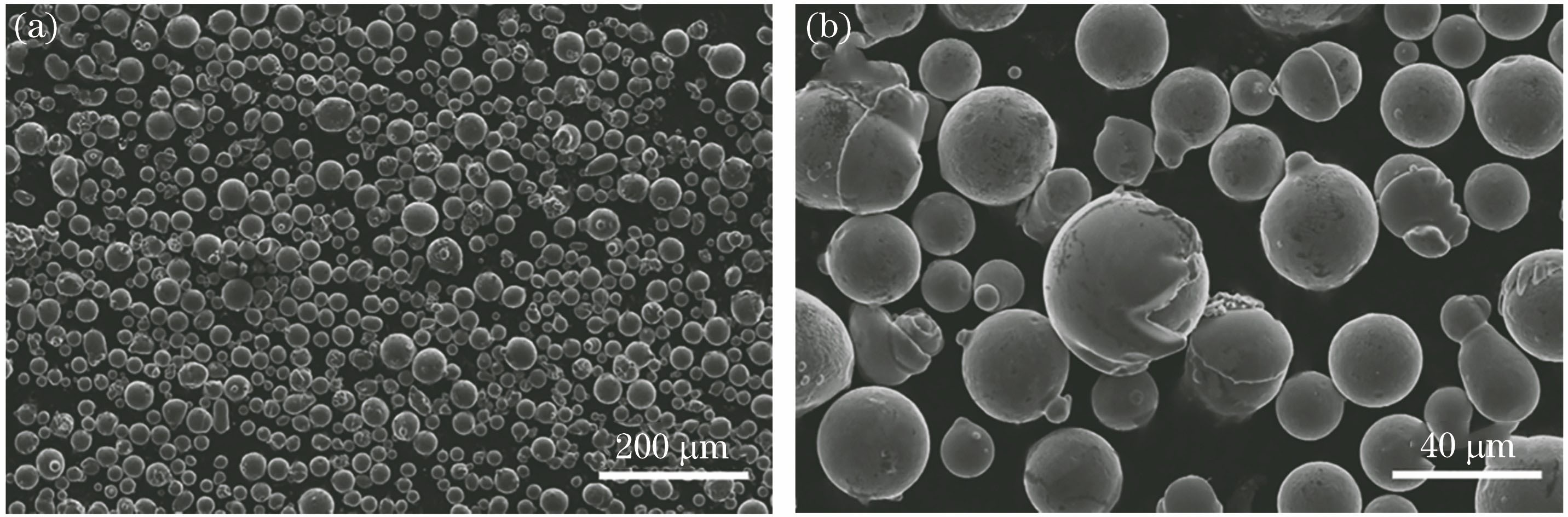 Cu-13.5Al-4Ni-0.5Ti alloy powders. (a) Microscopic morphology of powders; (b) surface morphology of particles