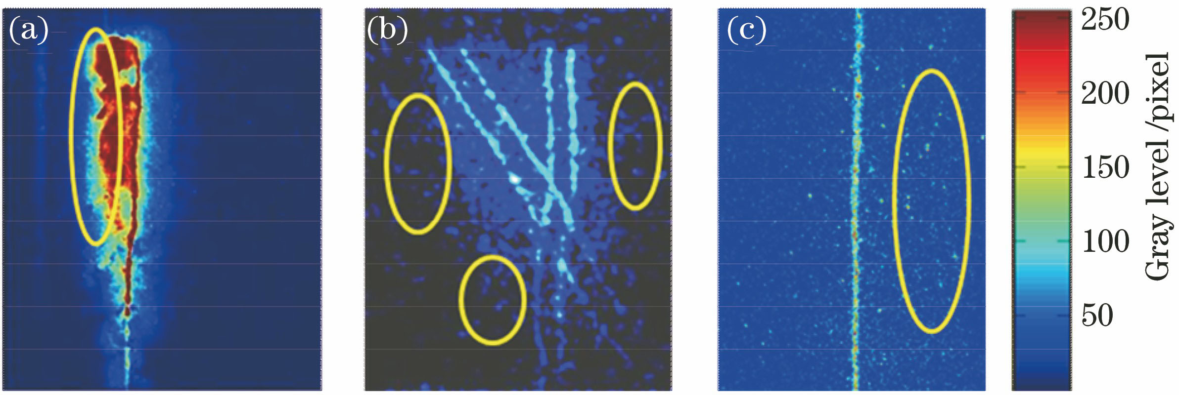 HTV experimental images. (a) OHB fluorescence interference; (b) flow field noise; (c) system noise