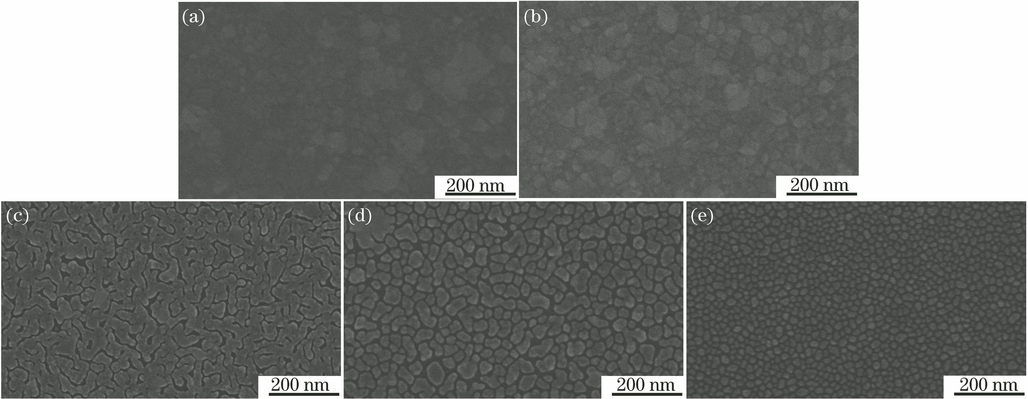 SEM graphs of samples deposited under different distances from target to substrate when laser fluence is 4 J/cm2. (a) 3 cm; (b) 4 cm; (c) 5 cm; (d) 6 cm; (e) 7 cm