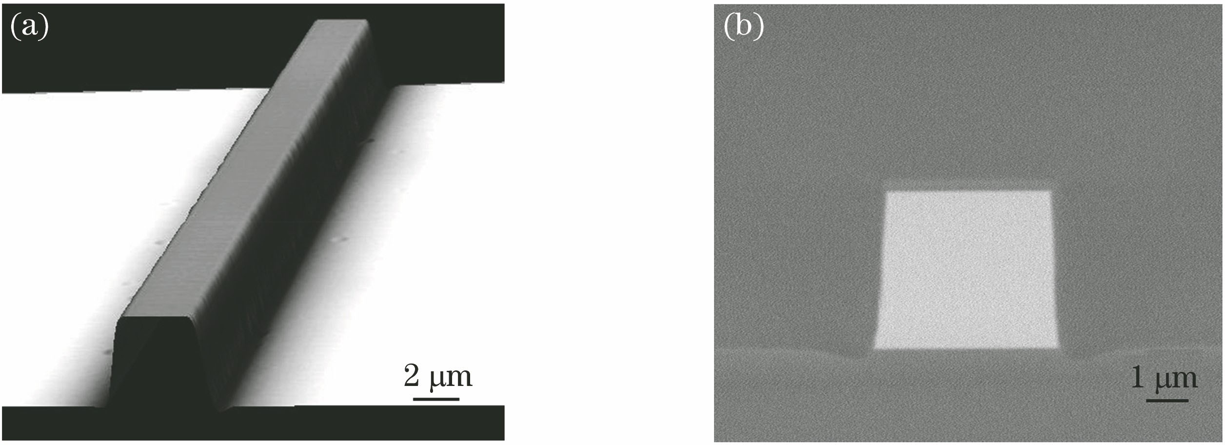 Morphology photos of rectangular waveguide. (a) Optical microscope photograph; (b) SEM image