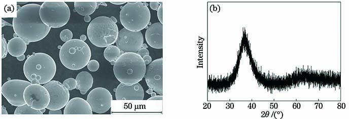 SEM image and XRD pattern of Zr50 amorphous alloy powders. (a) SEM image; (b) XRD pattern