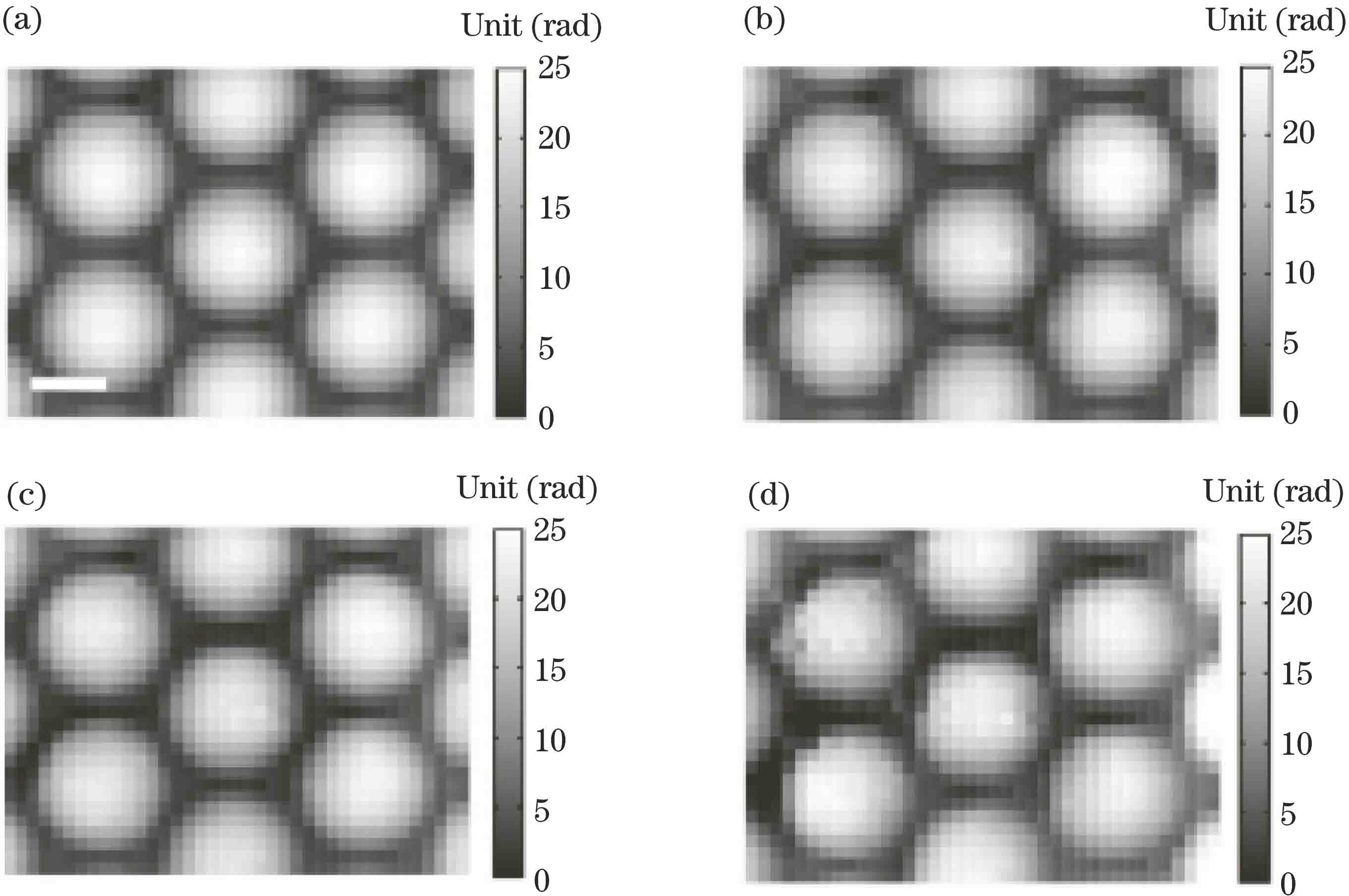 Reconstructed phases with transport of intensity equation method under illumination with different degrees of coherence (the larger the numerical aperture, the lower the spatial coherence of the illumination)[26]. (a) NA=0.05; (b) NA=0.15; (c) NA=0.2; (d) NA=0.25