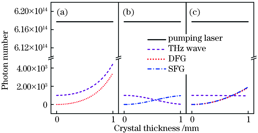 The evolution of all waves within a DAST crystal in ideal conditions. (a) Only DFG considered; (b) only SFG considered; (c) coexistence of DFG and SFG