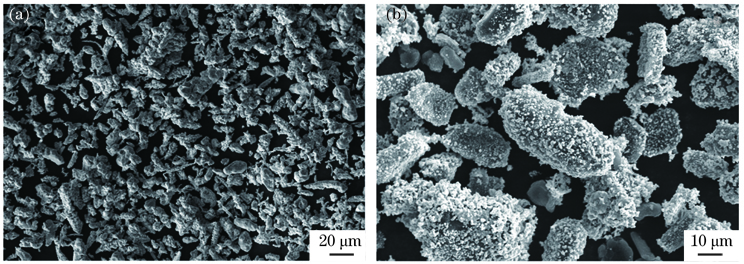 Micro-morphologies of deposited powders. (a) Cu powder; (b) Cu-coated graphite powder