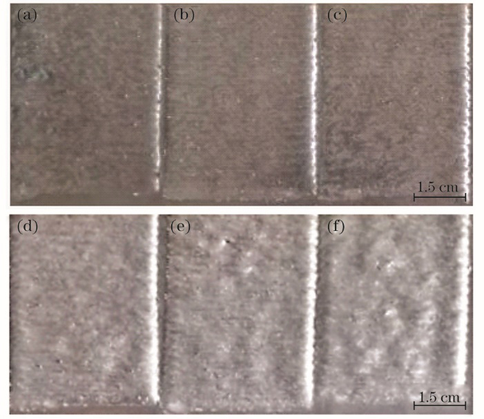 Macroscopic morphology of cladding layer surface. (a) sample No. 1; (b) sample No. 2; (c) sample No. 3; (d) sample No. 4; (e) sample No. 5; (f) sample No. 6