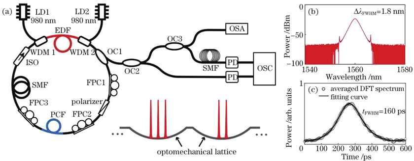 Acousto-optic mode-locked fiber laser.(a)Experimental setup; (b) input pulse's spectrum of TS-DFT; (c)average measured time domain waveform of pulse after 5-km single mode fibre stretching