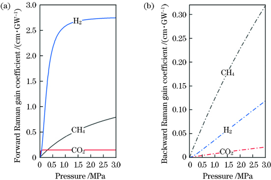 Steady-state Raman gain coefficients for H2, CO2, and CH4 varying with gas pressure.(a)Forward direction; (b)backward direction