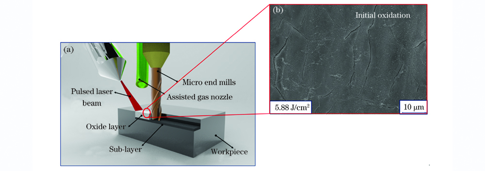 Laser-induced controllable oxidation assisted micro milling. (a) Schematic of hybrid machining process; (b) surface morphology of the material at the initial oxidation stage