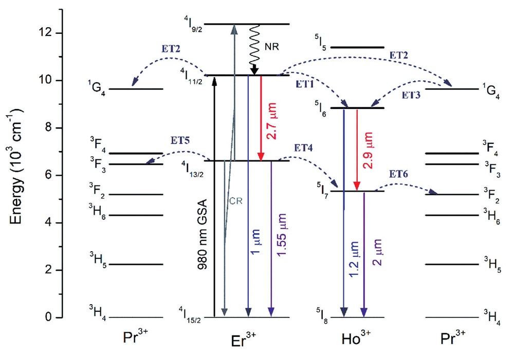 Energy level transitions among Er3＋，Ho3＋ and Pr3＋ ions in Er3＋/Ho3＋/Pr3＋∶PbF2 crystal[24]