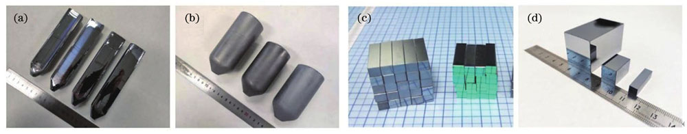 ZGP single crystals grown by freezing method with ultralow gradient and ZGP OPO devices. (a) Crystals grown by HGF; (b) crystals grown by VGF; (c) regular ZGP OPO devices; (d) large aperture ZGP OPO devices