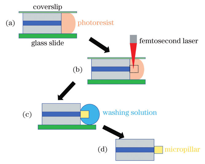 Flow chart of device fabrication. (a) Photoresist solution dropped on end face of single-mode fiber, covered with coverslip; (b) two-photon polymerization for micropillar structure on end face of fiber; (c) coverslip on top of optical fiber removed and uncured photoresist washed away with mixed solution of isopropyl alcohol and acetone; (d) micropillar fabricated on end face of optical fiber