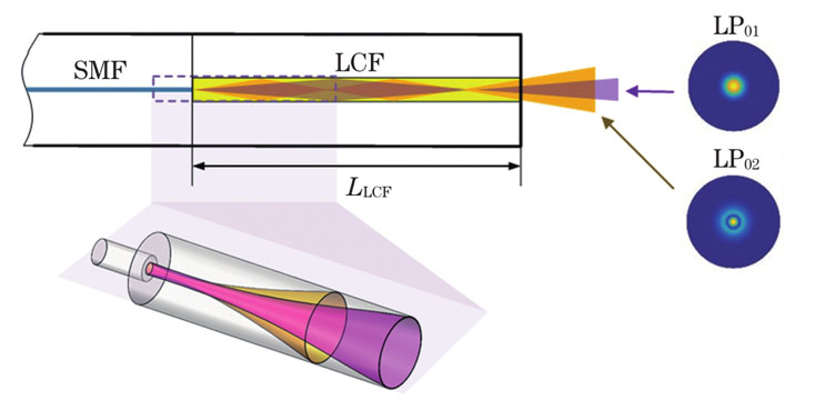 Spatial filter based on large-core-fiber (LCF) ( only skew rays from a single annular area from SMF are depicted in the below panel demonstrating three-dimensional light rays; SMF: single mode fiber; NCF: no core fiber)