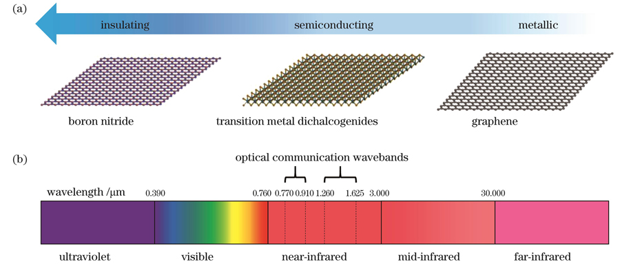 Two-dimensional materials covering broad spectrum. (a) Schematics of structure and bandgap of boron nitride, transition metal dichalcogenides and graphene; (b) spectrum range from ultraviolet to far-infrared where optical communication waveband is in near-infrared range