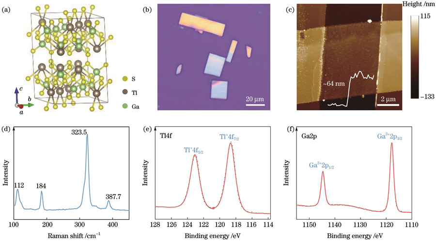 Crystal structure and material characterization results. (a) TlGaS2 crystal structure; (b) optical microscope photos of nanosheets; (c) AFM test; (d) Raman test result; XPS test results of elements (e) Tl and (f) Ga