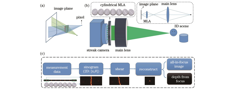 Principle of 3D light field tomography imaging system and image processing flowchart (MLA: microlens array). (a) Imaging principle of cylindrical lens; (b) imaging system of light field tomography; (a) image processing pipeline for light field tomography