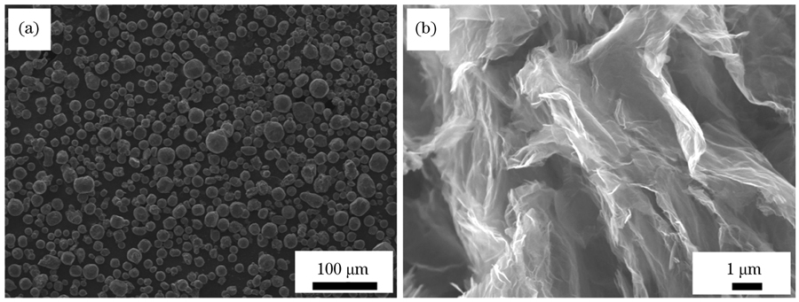 Morphology of raw materials. (a) Morphology of AlSi10Mg powder captured by scanning electron microscope (SEM);(b) morphology of GNPs captured by SEM