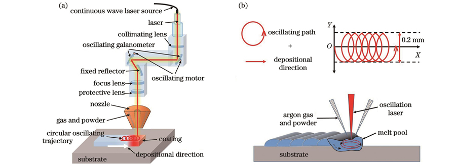Schematics of DED of circular oscillation laser. (a) Schematic of equipment; (b) oscillation trajectory and deposition process