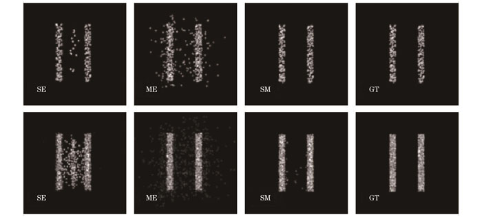 Reconstructed images of two 200 nm stripes apart generated by different algorithms, density of the strip is 1 μm-2 (above) and 51 μm-2 (below), respectively