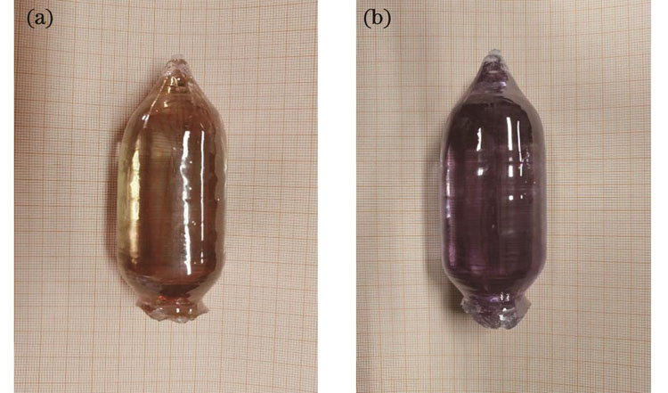 Nd∶GSAG crystal with doping atomic fraction of 0.94% grown by Czochralski method. (a) Before annealing; (b) after annealing