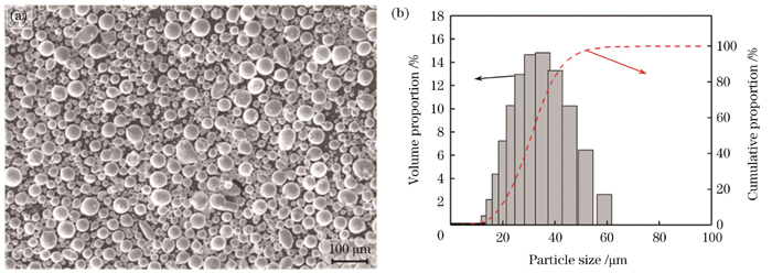 Gas-atomized ZGH451 nickel-based superalloy powder. (a) Particle morphology; (b) particle size distribution