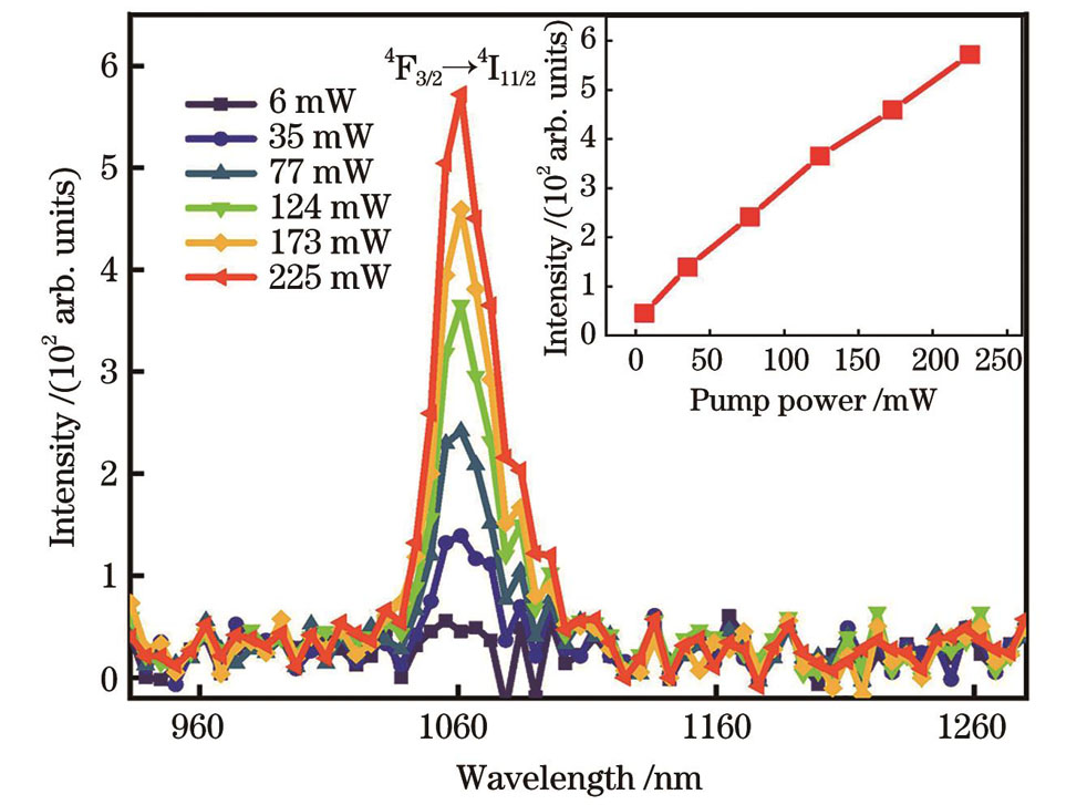 Emission spectra of Nd(TTA)3DBTDPO doped PMMA film pumped by 405 nm LEDs with different powers