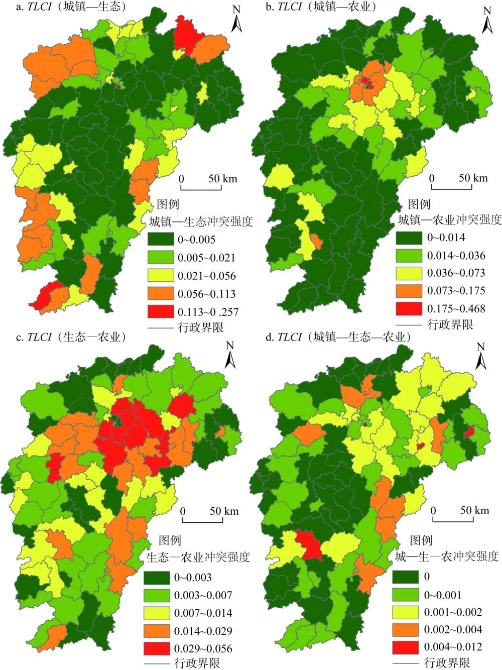 Distribution of "three lines" conflict index of Jiangxi province