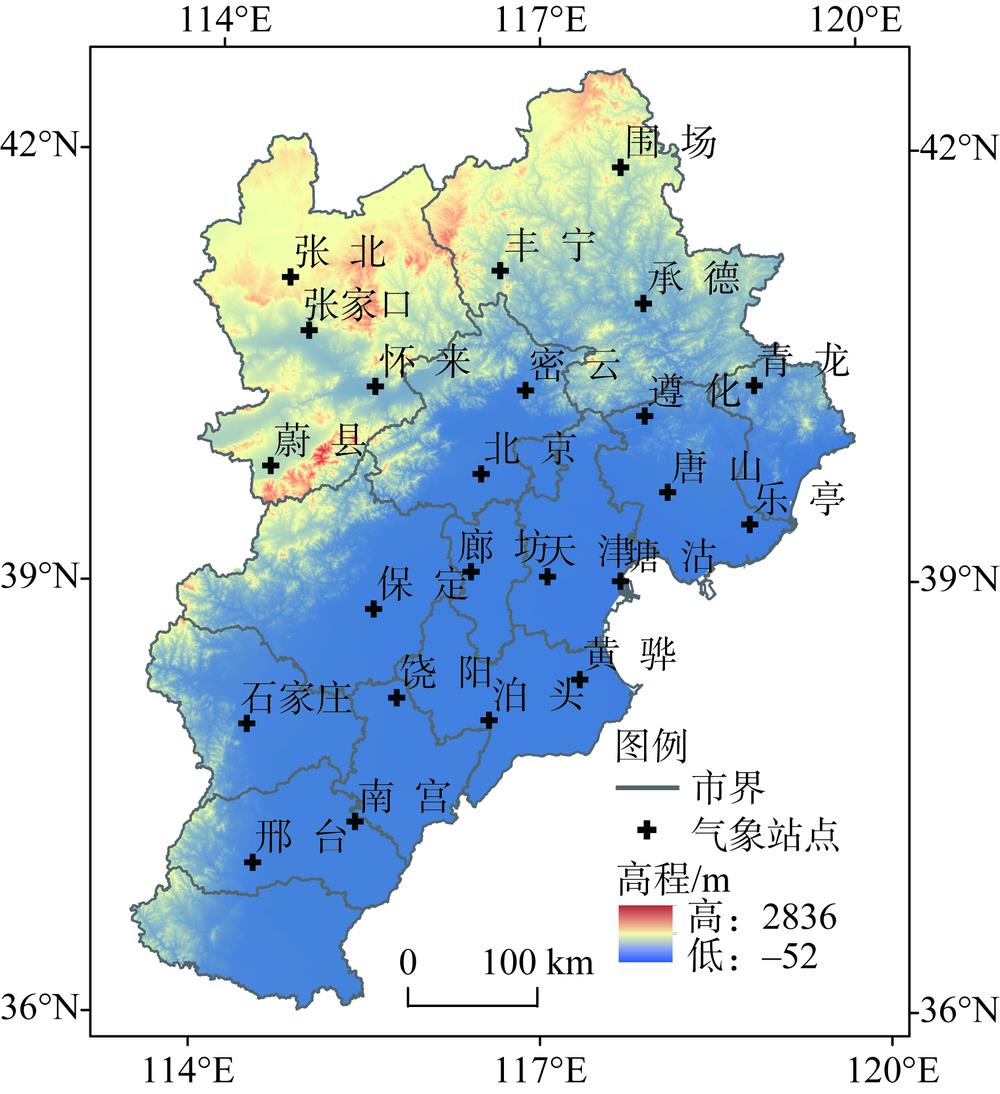 Geographical location, elevation and distribution of meteorological stations in the Beijing-Tianjin-Hebei region
