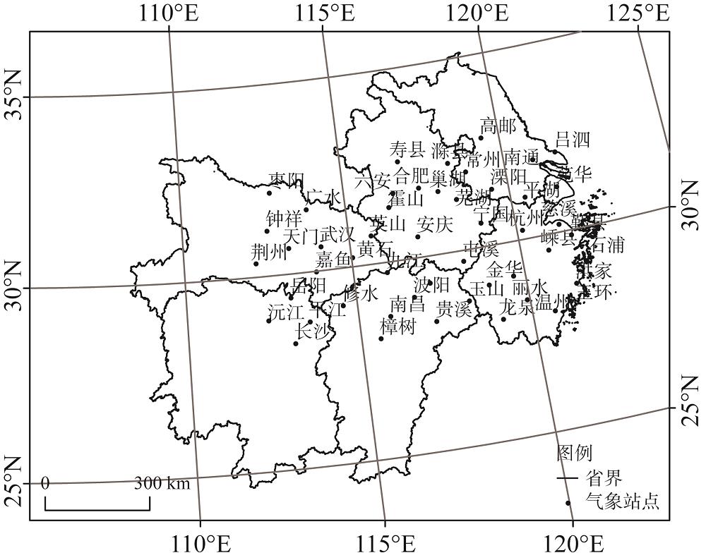 Distribution of meteorological stations in the middle and lower reaches of the Yangtze River