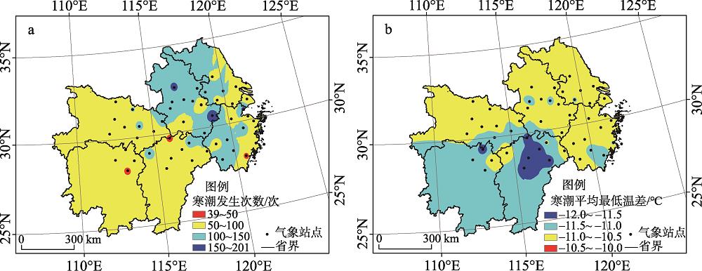 Spatial distribution of cold wave occurrence frequency and difference of average minimum temperature in the middle and lower reaches of Yangtze River from 1958 to 2015