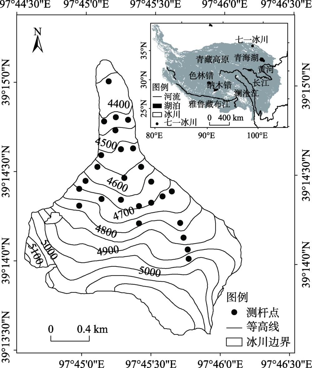 Location of the Qiyi Glacier and distributions of stakes for measuring mass balance