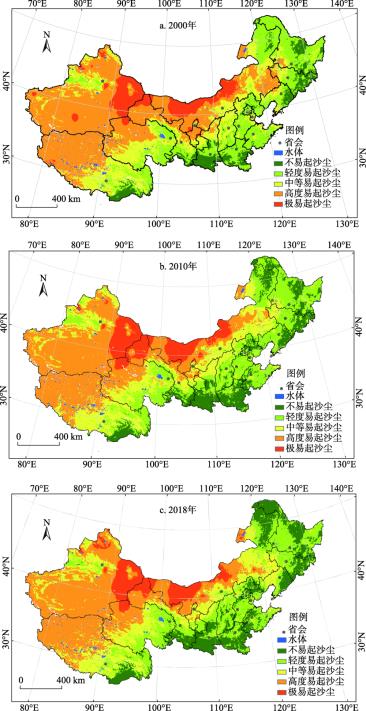 Spatial pattern of land desertification sensitivity in 14 provincial-level regions of Northern China in 2000, 2010 and 2018