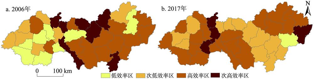 Spatial distribution of green total factor productivity index in Lunan Economic Belt in 2006 and 2017