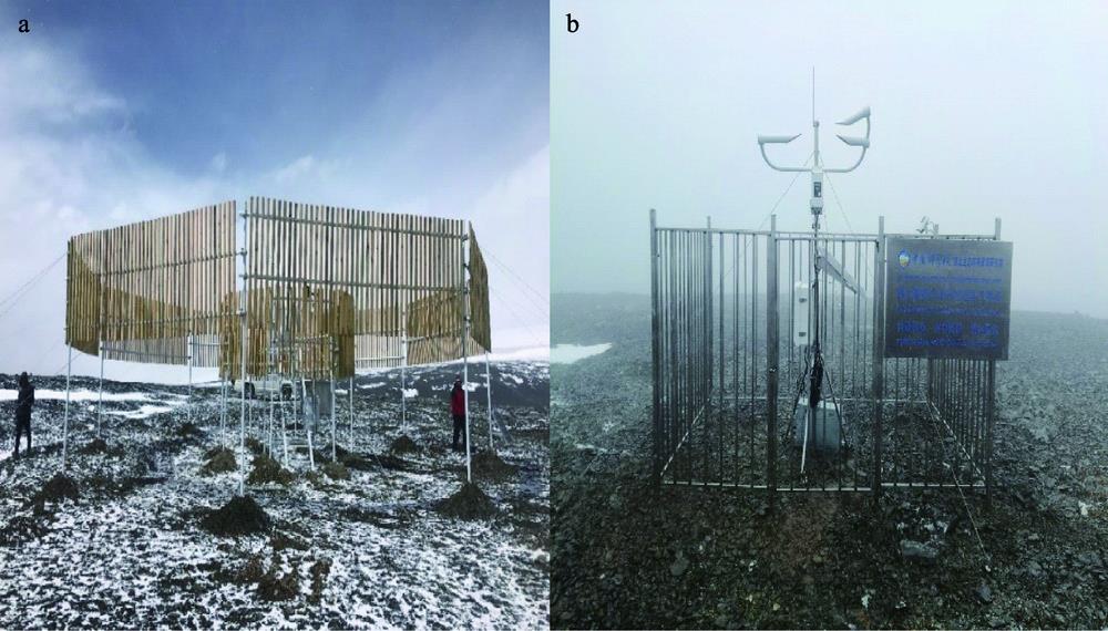Double Fence Intercomparison Reference (DFIR) (a) and Present Weather Sensor (PWS) 100 (b) at the Aug_one Glacier