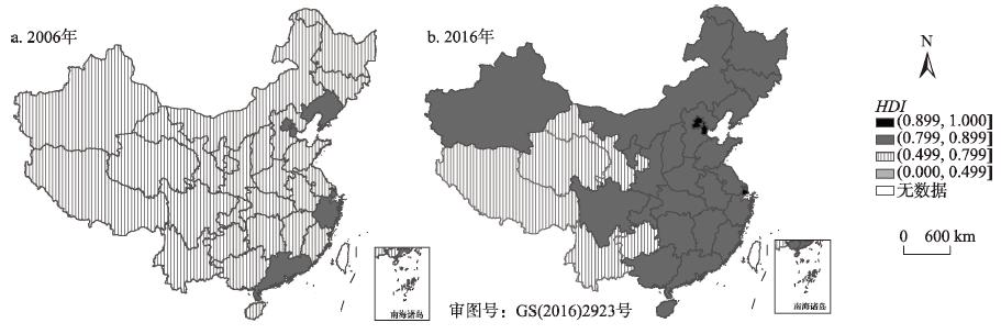 Spatial structure change of human development index (HDI) of some Chinese provinces, 2006 and 2016